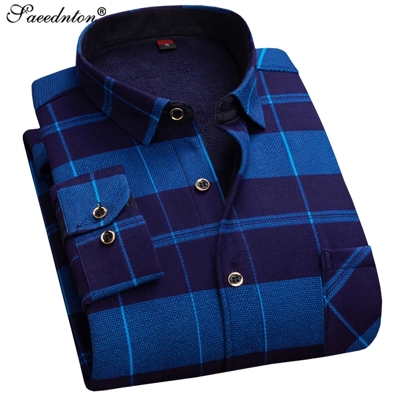 

2019 Autumn Men's Cotton Business Casual Long Sleeve Plaid Dress Shirts Winter Plus Velvet Warm Camisa Social Masculina Size 4XL