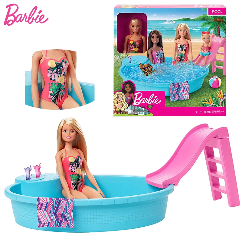 Original Barbie Doll Summer Pool Playset with Slide and Accessories Toys for Girls Children Gifts Bonecas Dolls Fashion Swimsuit