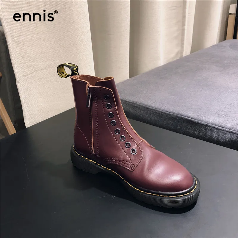 ENNIS/брендовые зимние ботинки; женские ботинки из натуральной кожи на молнии; ботильоны на плоской платформе с круглым носком; сезон осень; Цвет черный, красный; Новинка; A9378