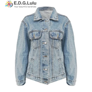 

EDGLuLu women denim jacket women coat blue solid turn-down collar jean jacket for women loose casual single breasted denim coats