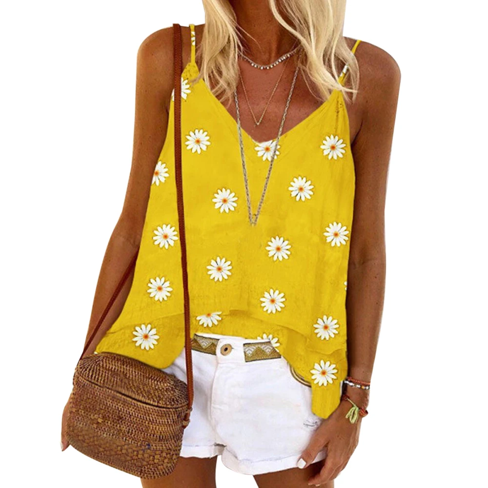 Littlerossa 2020 Summer Daisy Print Blouses Shirt Women Sleeveless Boho ...