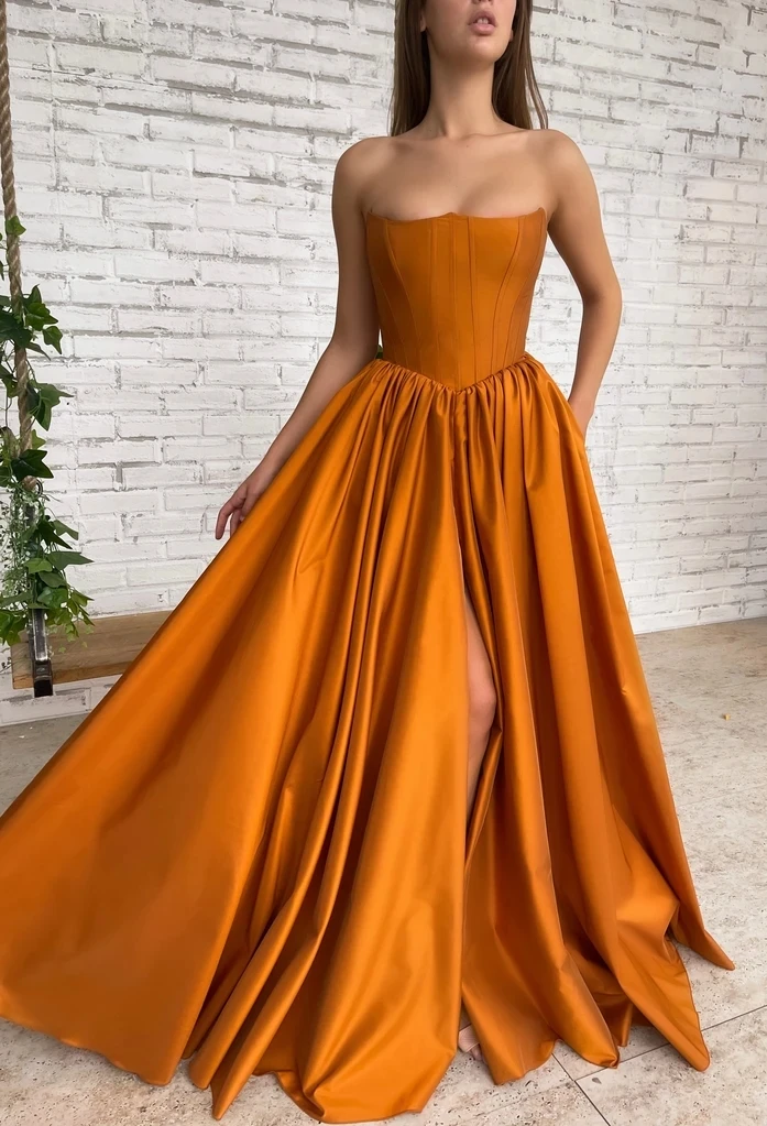 plus size gowns Orange Moroccan Evening Dresses A-line Straplesss Satin Slit Long Luxury Turkey Dubai Saudi Arabia Long Prom Dress Gown Teuta evening wear