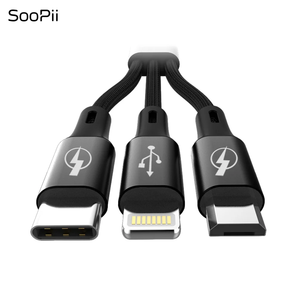 Soopii 1,2 м 3 в 1 USB кабель type-c и ios и кабель зарядного устройства микро-usb 3A Быстрая зарядка USB кабель 2 упаковки