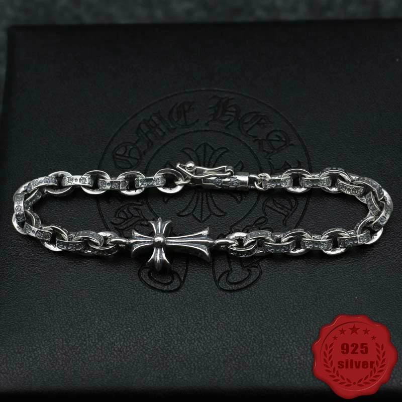 

925 sterling silver bracelet personality fashion pop retro cross shape hip hop punk jewelry gift for lover 2019 new hot sale