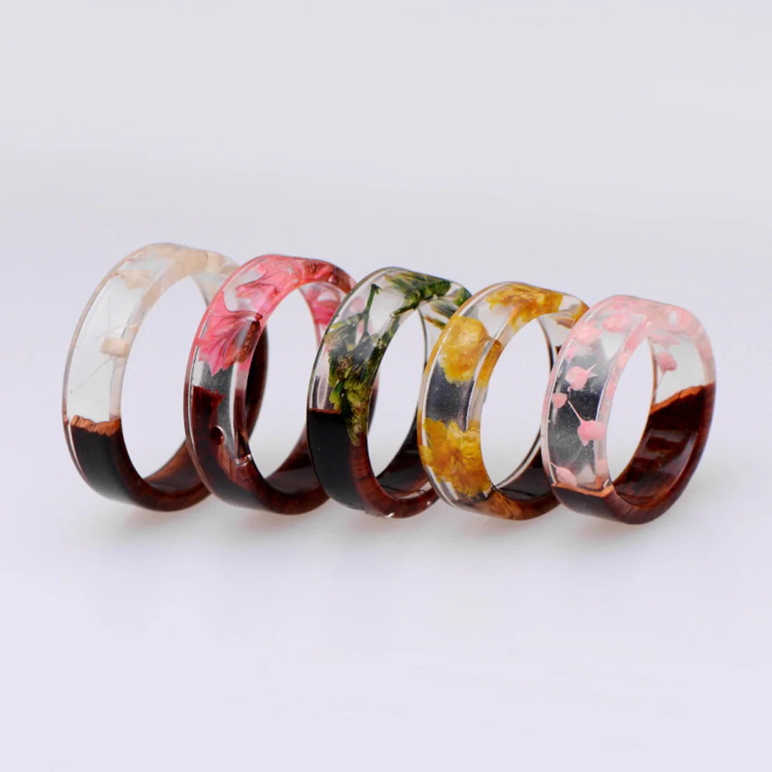 Dried Flower Resin Wood Ring Man Transparent Finger Ring Charm Plant Wood Bohemian Rings For Women Handmade Jewelry Party Gift