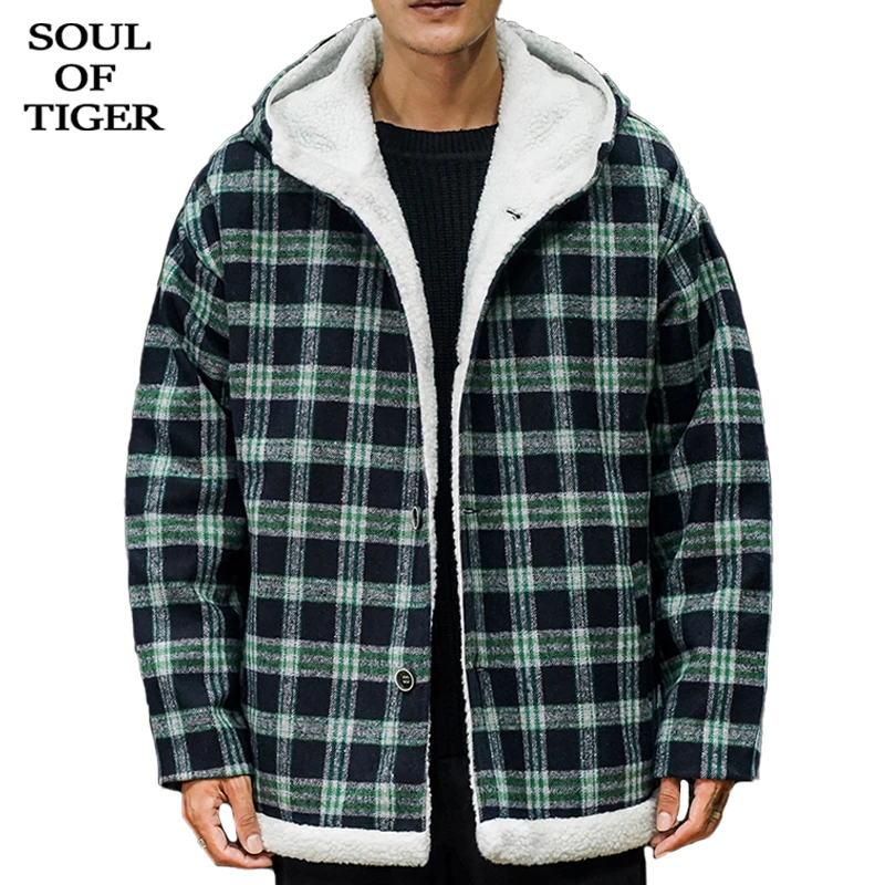 SOUL OF TIGER, корейская мода, Мужская винтажная клетчатая парка, мужская повседневная Свободная куртка с капюшоном, зимнее теплое меховое пальто большого размера XXXXXL