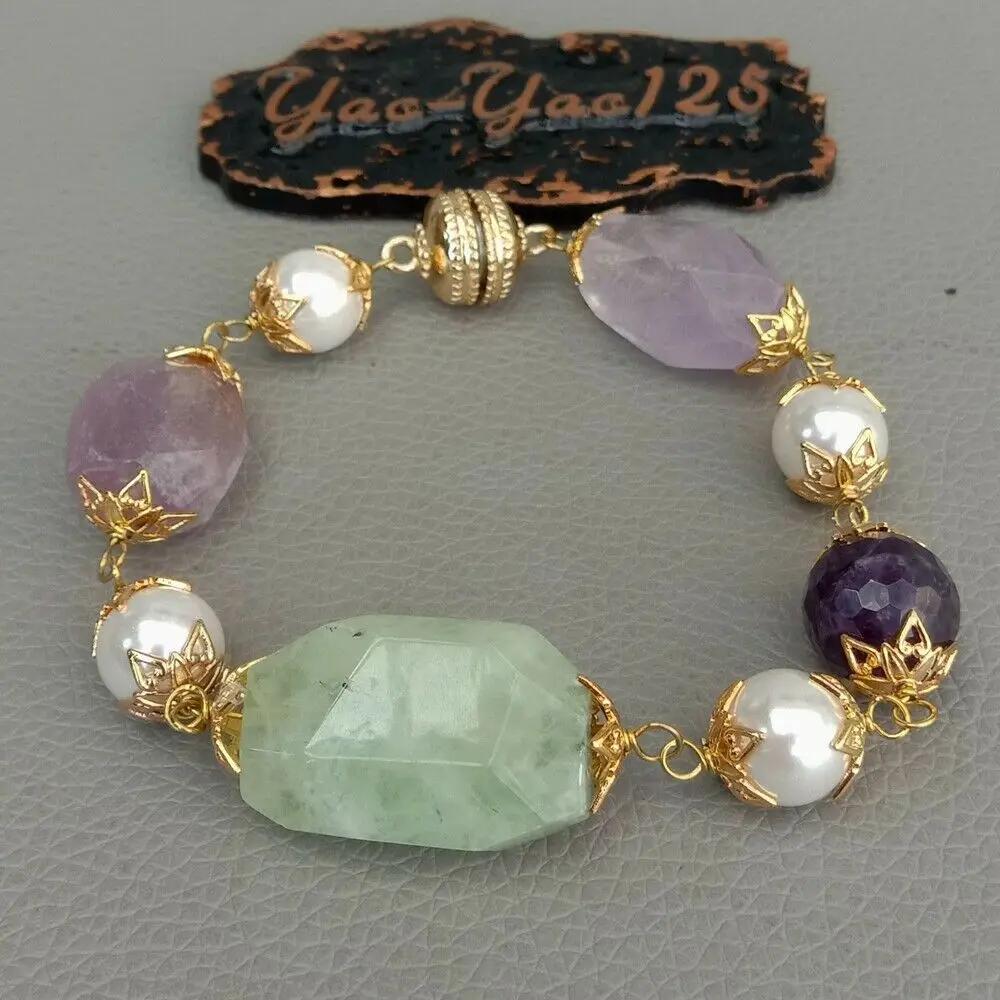 

White Sea Shell Pearl Amethst Prehnte Gems Stone Bracelet