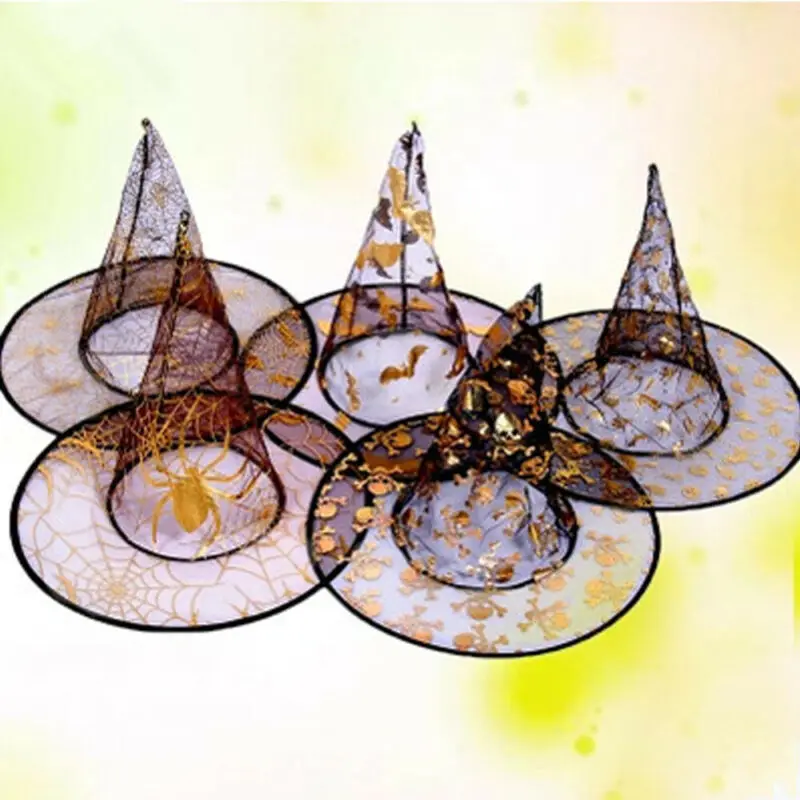 

Brand New 1PC Random Design Kids Halloween Black Cloak Cap Wicked Witch Hat Gold Patterned Party Fancy Dress Halloween Festival
