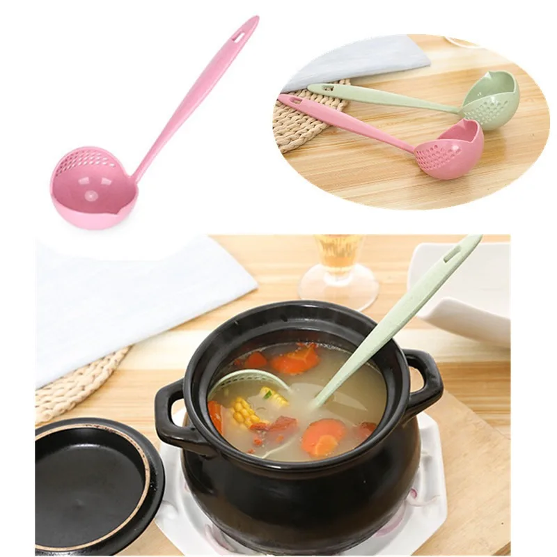 

New 2 In 1 Wheat Straw Chinese Soup Spoon Long Handle Lovely Porridge Spoons With Filter Dinnerware Kitchen Tools