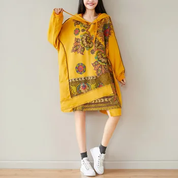 

Fashion 2020 spring new retro art hoodie medium length hoodie large size loose irregular dress