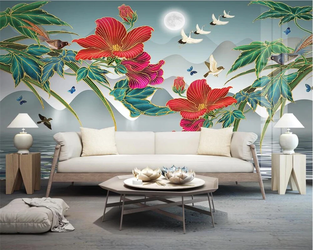 beibehang Customized new Chinese wall paper style brushwork lotus light luxury simple background decorative painting wallpaper