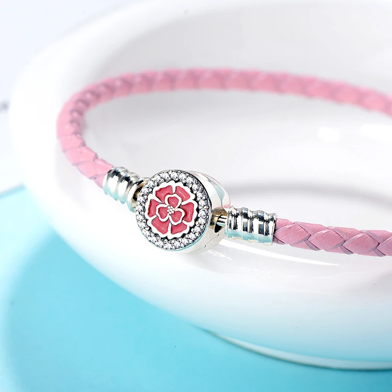 Аутентичный 925 пробы серебряный розовый цветок с красной эмалью кожаный браслет подходит для женщин шарик шарм браслет подарок DIY ювелирные изделия