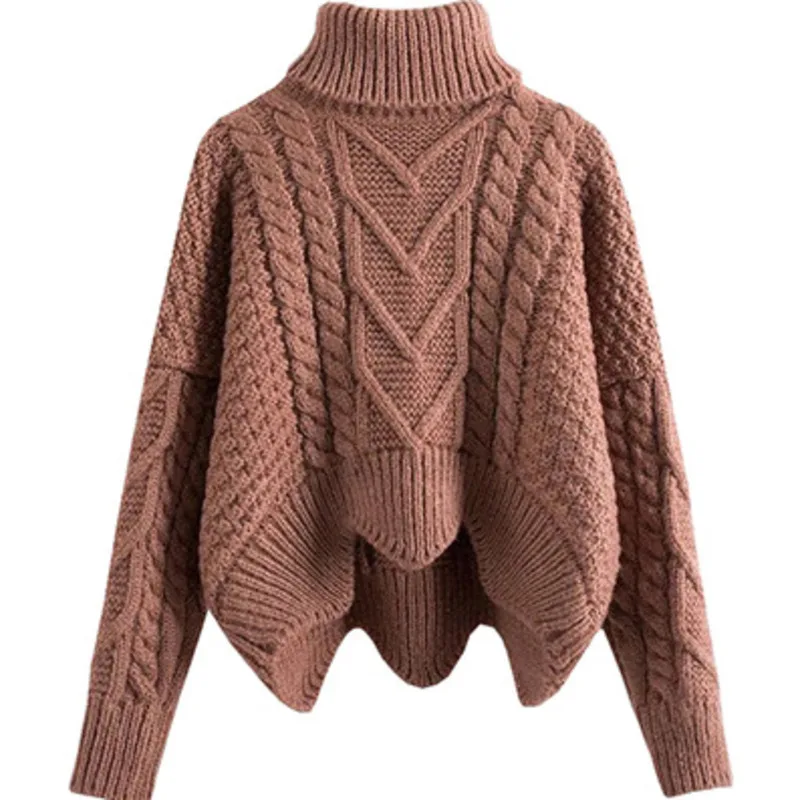 

Thickened Sweater Women Mixed Knit Asymmetrical Hem Sweater Irregular Crop Tops Loose Twist Knitted Pullover Turtleneck Sweater