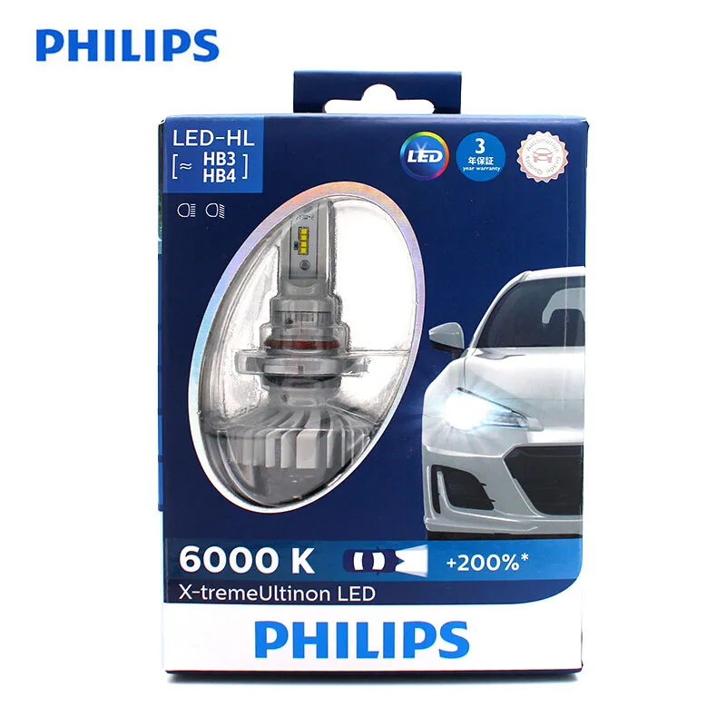 Philips светодиодный H4 H7 H8 H11 H16 9005 9006 X-treme Ultinon светодиодный автомобильный фонарь Противотуманные фары 6000K холодный белый+ 200% более яркие лампы, X2