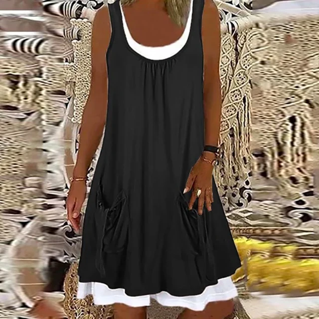 Summer Patchwork Short Dress Women 2021 Casual O Neck Pocket Party Dress Ladies Sleeveless Loose Beach Dresses Plus Size black