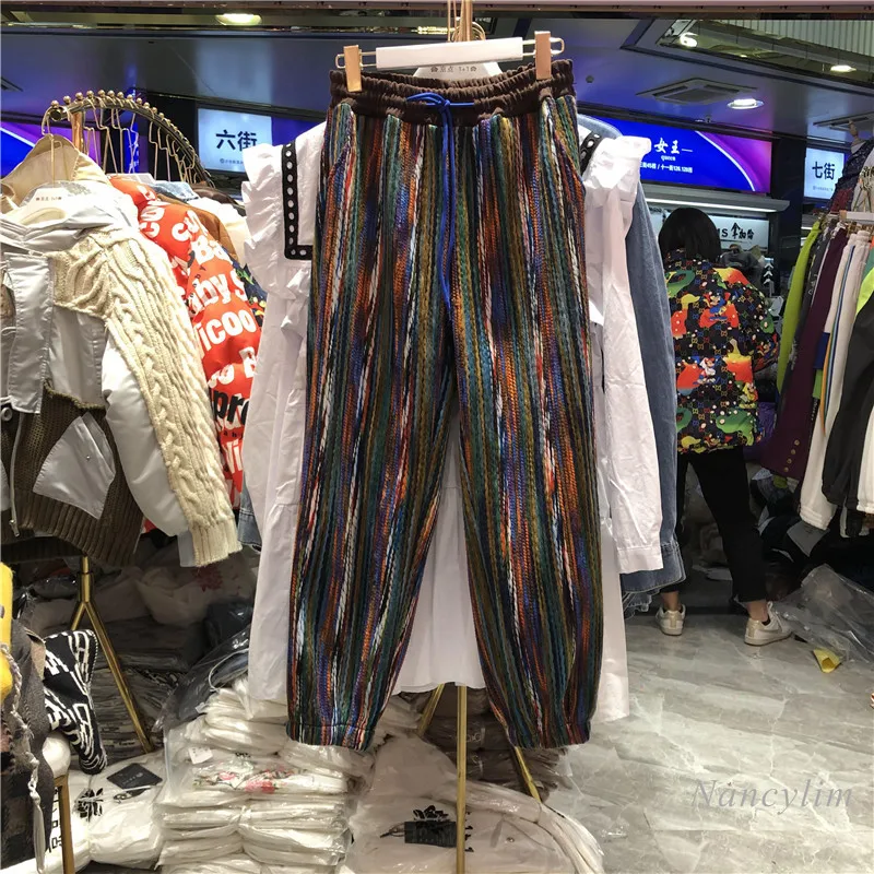 

Korean Style Pants for Women Loose Color Matching Elastic Waist Drawstring Thickening Casual Trousers Femme