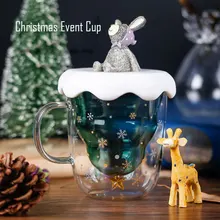 Bouteille d'eau en verre sans BPA, Double couche isolée, tasse de dessin animé drôle de noël, haute Borosilicate avec poignée