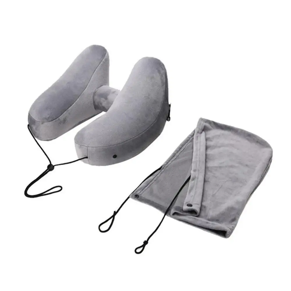 Light grey With hat Наружная Автомобильная подушка для путешествий на дальние расстояния, h-образная надувная подушка со шляпой, подушка для шеи, подушка с капюшоном из ТПУ, h-образная - Цвет: Light grey With hat