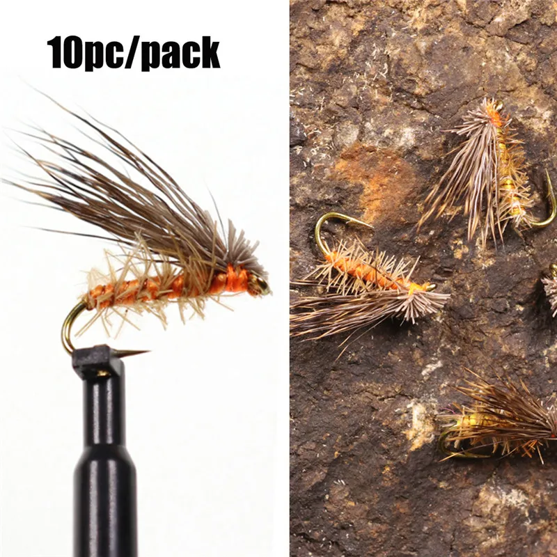 

Balight 10PCS #6 Black Body Woolly Worm Brown Caddis Nymph Fly Deer Hair Beetle Trout Fly Fishing fly Bait