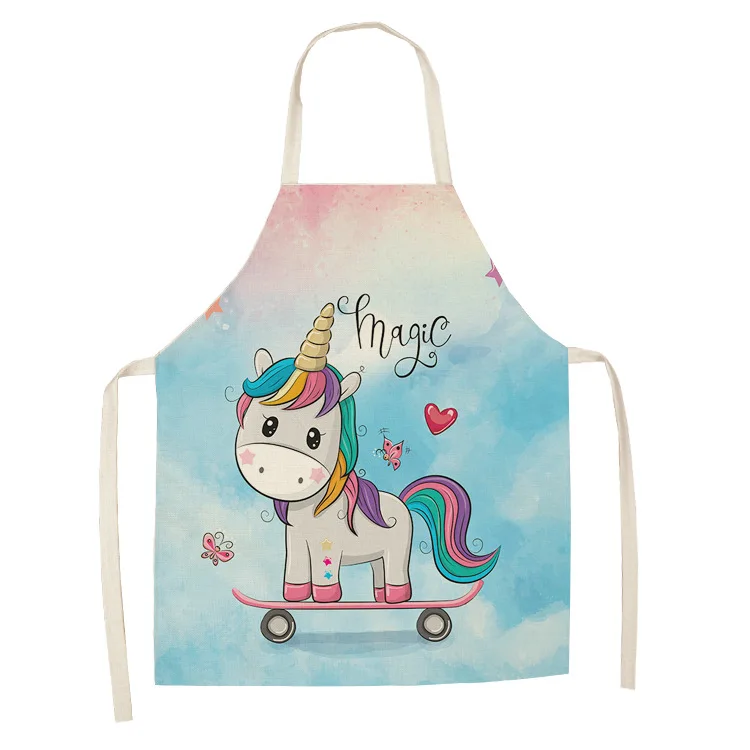 New Linen Apron Unicorn Printed Kitchen Apron Women Baking Waist Bib Home Cooking Brief Sleeveless Pinafore Apron