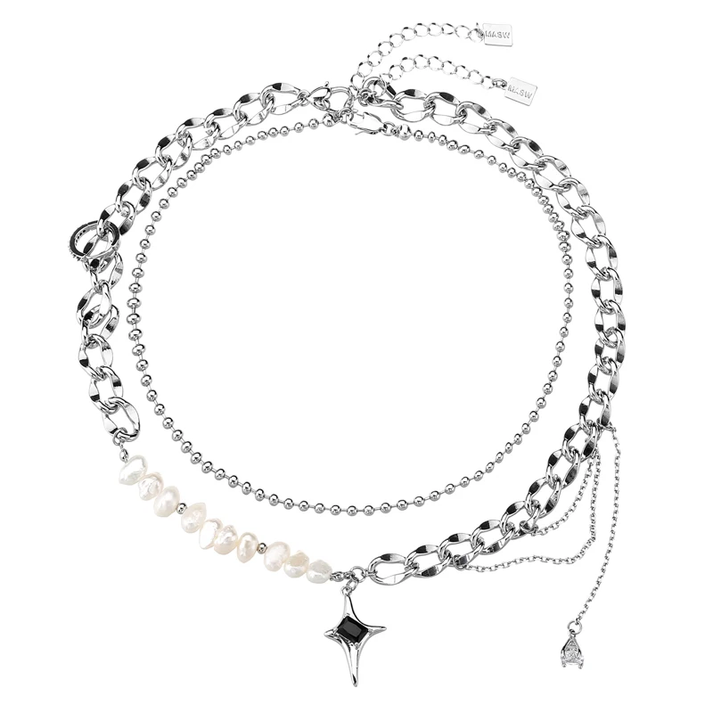 MASW Original Design Fashion Chain Necklace 2021 New Trend Two Layer Natural Pearl Glass Star Pendant Necklace Women Jewelry