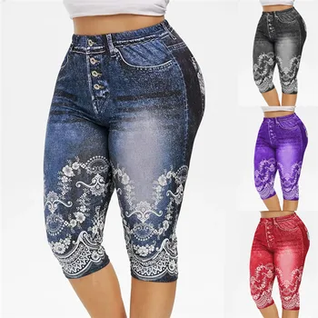 

Faux Jeans Leggings Woman Stretch Printed Short Leggins 4\3 Capri Pants Summer Breeches High Waist Perfect Fit Jeans Jeggings