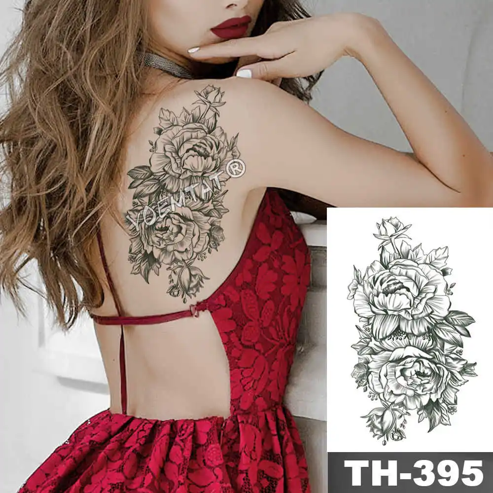 Часы в форме сердца драгоценный камень роза Водонепроницаемый Временные татуировки стикер Черная рука назад цветы большие татуировки тело искусство поддельные татуировки для женщин - Цвет: 11-TH395