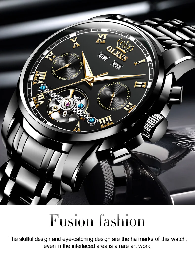 OLEVS Men's Watches Automatic Mechanical Business Wristwatch Waterproof Stainless Steel Strap Watch for Man Skeleton Calendar