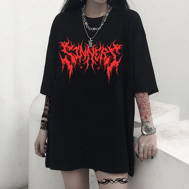 Camiseta gótica oscura para mujer, de gran tamaño, ropa con gráfico rojo Punk, ropa de calle KPOP Harajuku, camiseta de Hip Hop de manga corta|Camisetas| - AliExpress