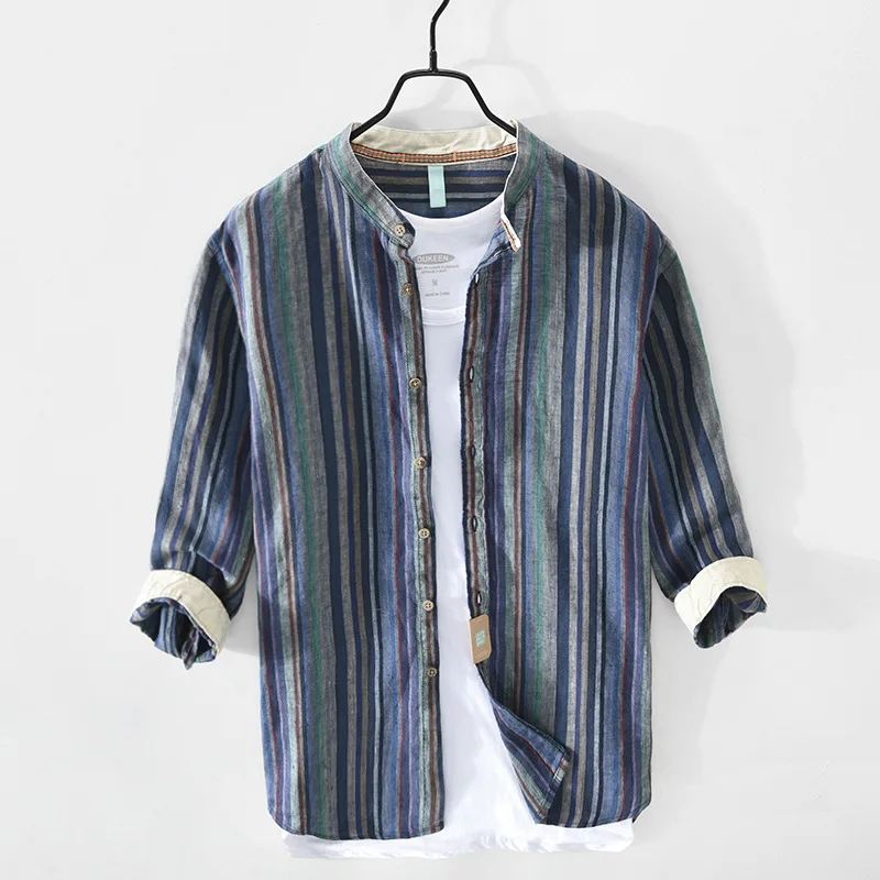 

Z803 Spring Summer Men Linen Striped Shirt High Quality Fashion Loose Casual Breathable Harajuku Youth Three Quarter Sleeve Tops