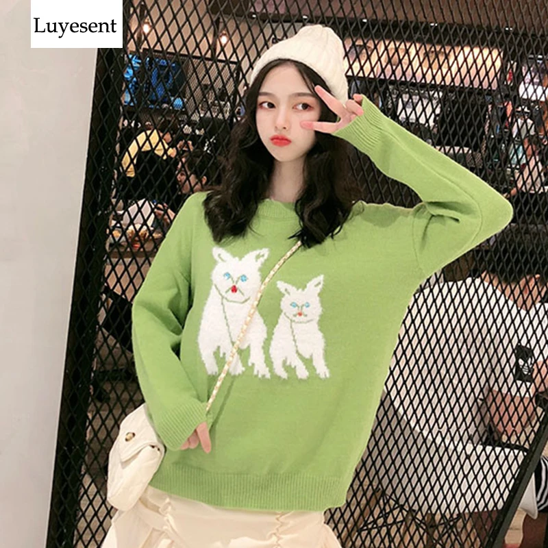 

Cute Cartoon Rabbit Women Pullover Sweater 2019 Lady Contrast Color Long Sleeve Knit Top O Neck Warm Lovely Fashion Jumpers New