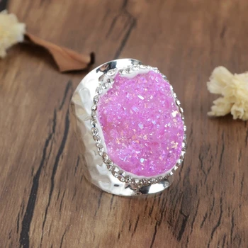 

Silver Plated Healing Rhinestone Paved Agates Druzy Band Ring Handmade Rainbow AB Titanium Drusy Rings Women Rings JAB965