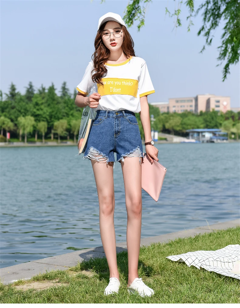 359# черные Рваные джинсовые шорты для фотосессии, женские летние свободные трапециевидные шорты в Корейском стиле с высокой талией для похудения