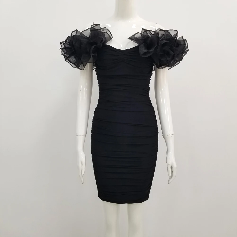 Модное элегантное женское дизайнерское мини Клубное платье Vestidos летнее женское сексуальное черное облегающее Бандажное платье с открытыми плечами и оборками
