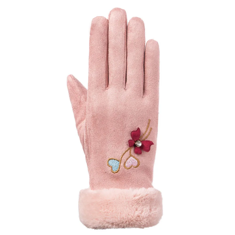 pink 1 пара, модные женские зимние теплые перчатки с вышитыми цветами, перчатки для вождения, перчатки для сенсорного экрана - Цвет: pink