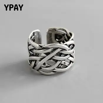 

YPAY 100% Authentic 925 Sterling Silver Adjustable Rings for Women Korea Vintage Woven Wide Open Ring Fine Party Jewelry YMR984