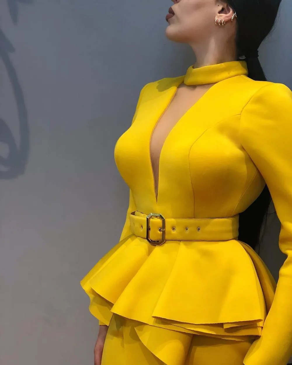 

Women Fall Work Long Sleeve Deep V Neck Office Dress Vintage With Belt Bodycon Pencil Dress Lady Ruffle Yellow Party Dress