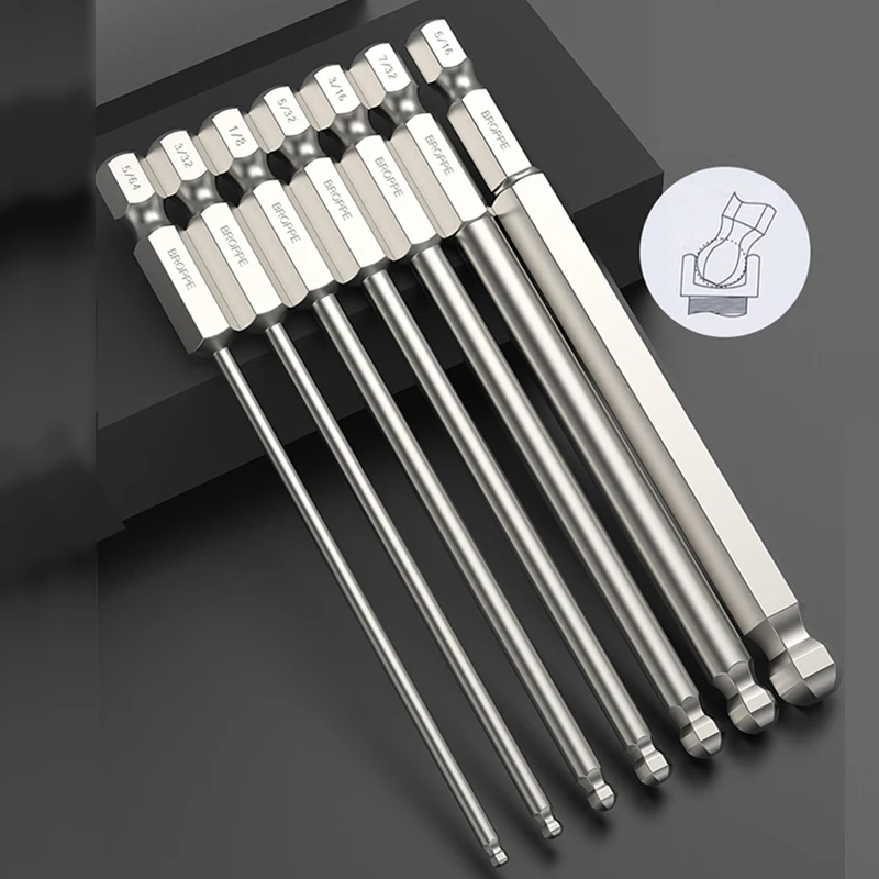 9pcs Ball End Hex Screwdriver Bits Set Metric Allen Hex Bit 100mm Long Magnetic Ball Head Driver Bit
