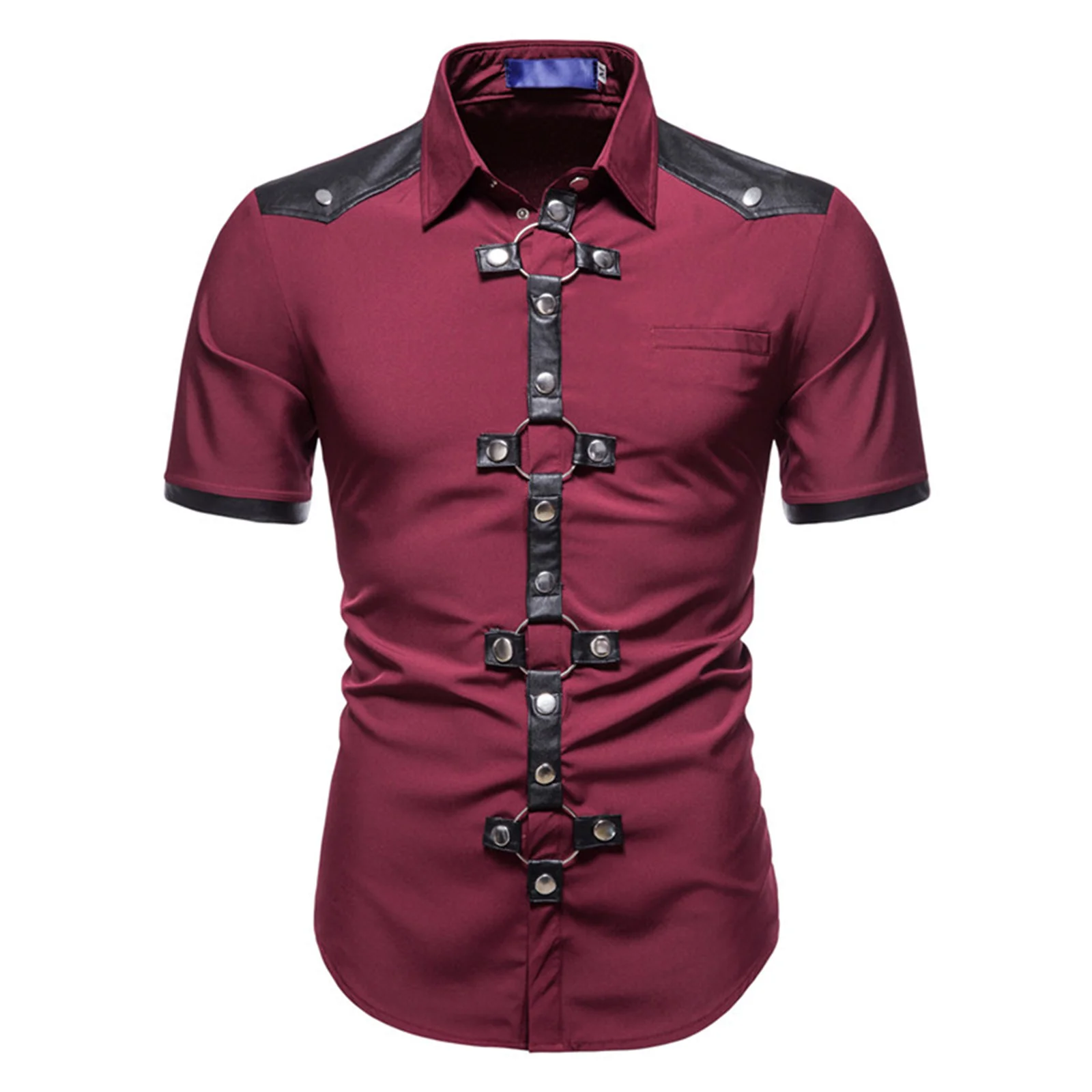 

Men Punk Latex Splcing Short Sleeve Shirt Top Streerwear Gothic Rivet O Ring Decor Tops for Rock Concert Music Festival Costume