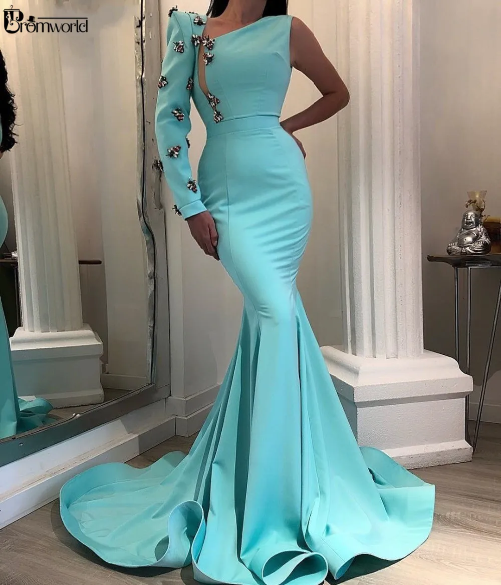 

Abendkleider 2020 New Long Sleeves Mint Mermaid Evening Dresses Beaded Islamic Dubai Saudi Arabic Formal Dress Prom Gowns