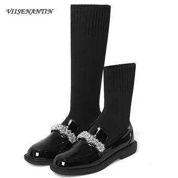 

Korean British Style New Autumn Winter Round Toe Crystal Beaded Flat Elastic Socks Boots Women Shiny Black Slip on Fashion Shoes