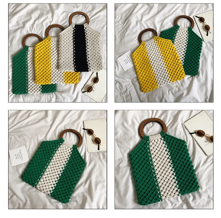 

2019 new hemp rope woven shopping bag childhood memory stripes shoulder diagonal women's bag