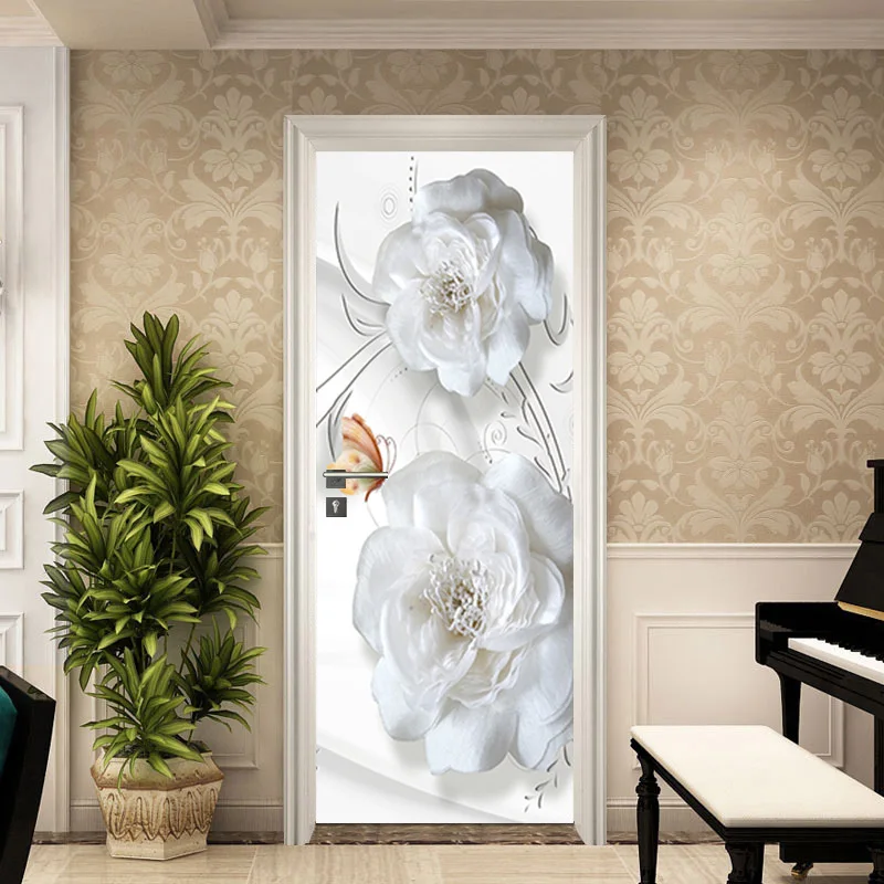 White Plant Flower Stickers Home Bedroom Wooden Door Refurbishment