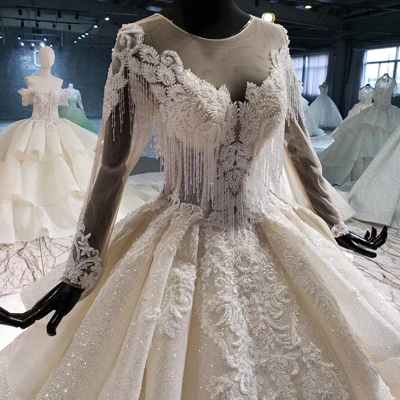 HTL1015 иллюзионное свадебное платье с длинным рукавом и круглым вырезом с кисточками размера плюс свадебное платье с длинным шлейфом и рюшами