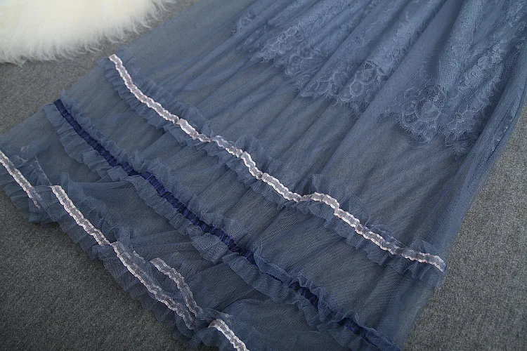 Women Lace Hot Colour Ruffle Zippers Dress Patchwork Mesh Elegance High Waist Office Lady O-Neck Knee-Lengyth Dress