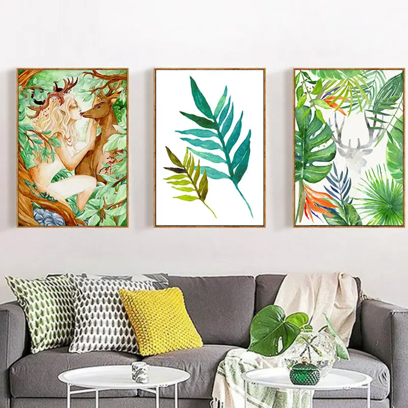Тропические растения Скандинавская сказочная девушка олень зеленые листья