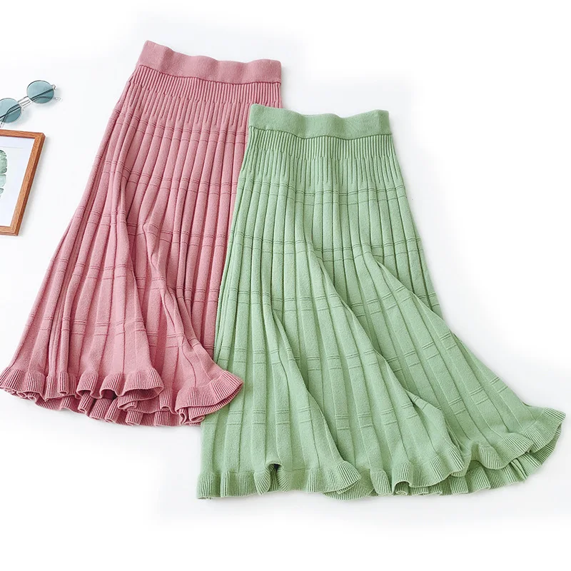 Autumn Winter Solid Jacquard Knit Skirts New Korean High Waist A-Line Stripe Long Skirt Women Ruffles Mermaid Skirt