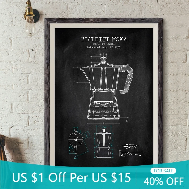 Coffee Pot Patent Posters and Prints Bialetti Moka Poster Blueprint Art Picture Canvas Painting Kitchen Wall Decor | Дом и сад