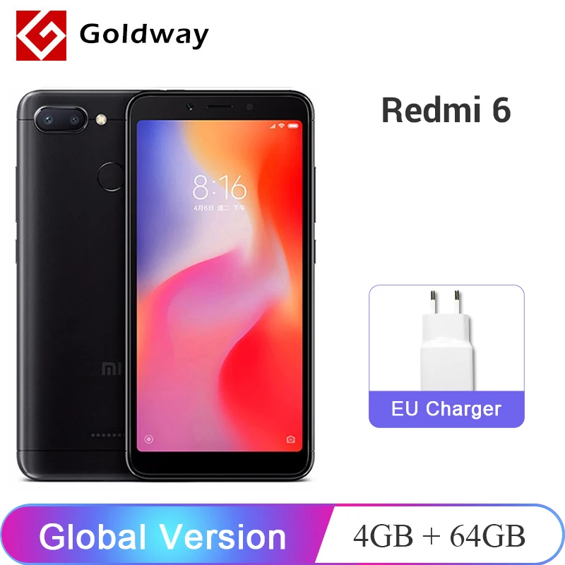 Xiaomi Redmi 6 с глобальной версией, 4 Гб ОЗУ, 64 Гб ПЗУ, мобильный телефон Helio P22, четыре ядра, 12 Мп+ 5 МП, двойная камера, 5,45 дюймов, 18:9, полный экран