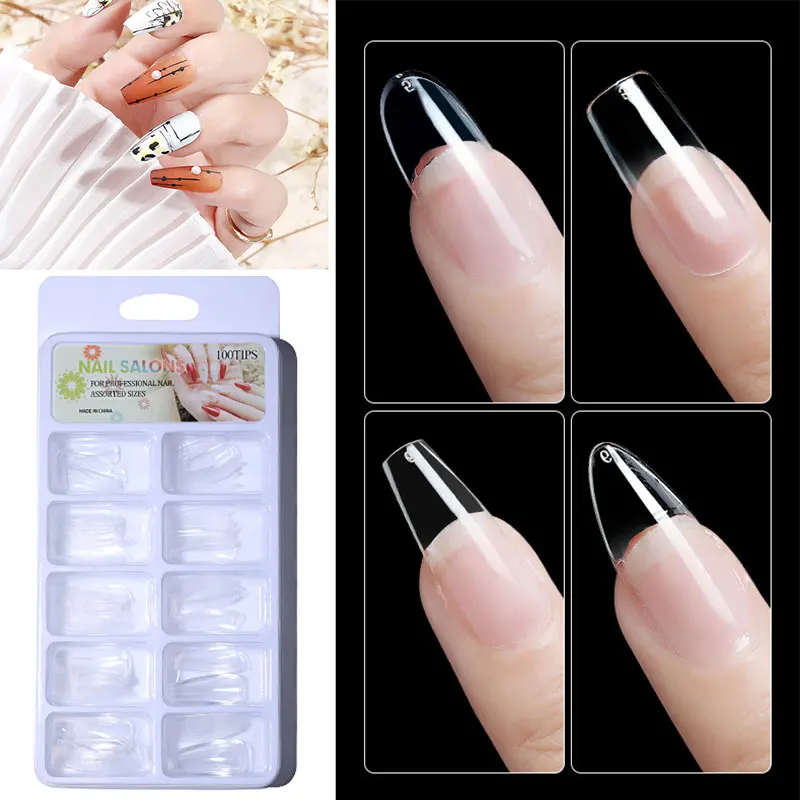 100Pcs Fake Nail Nails Extension Transparent Acrylic Full Cover Nail Seamless Nail Decoration French Beauty Nail Manicure Tools
